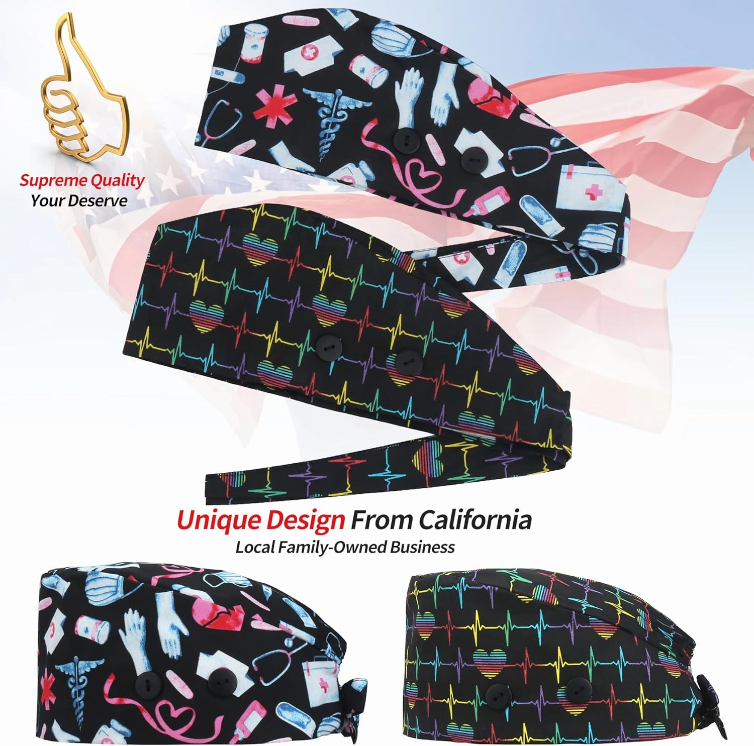ABAMERICA Working Caps with Button and Sweatband, Adjustable Working Hats for Women Men, One Size(Tie Back or Toggle)