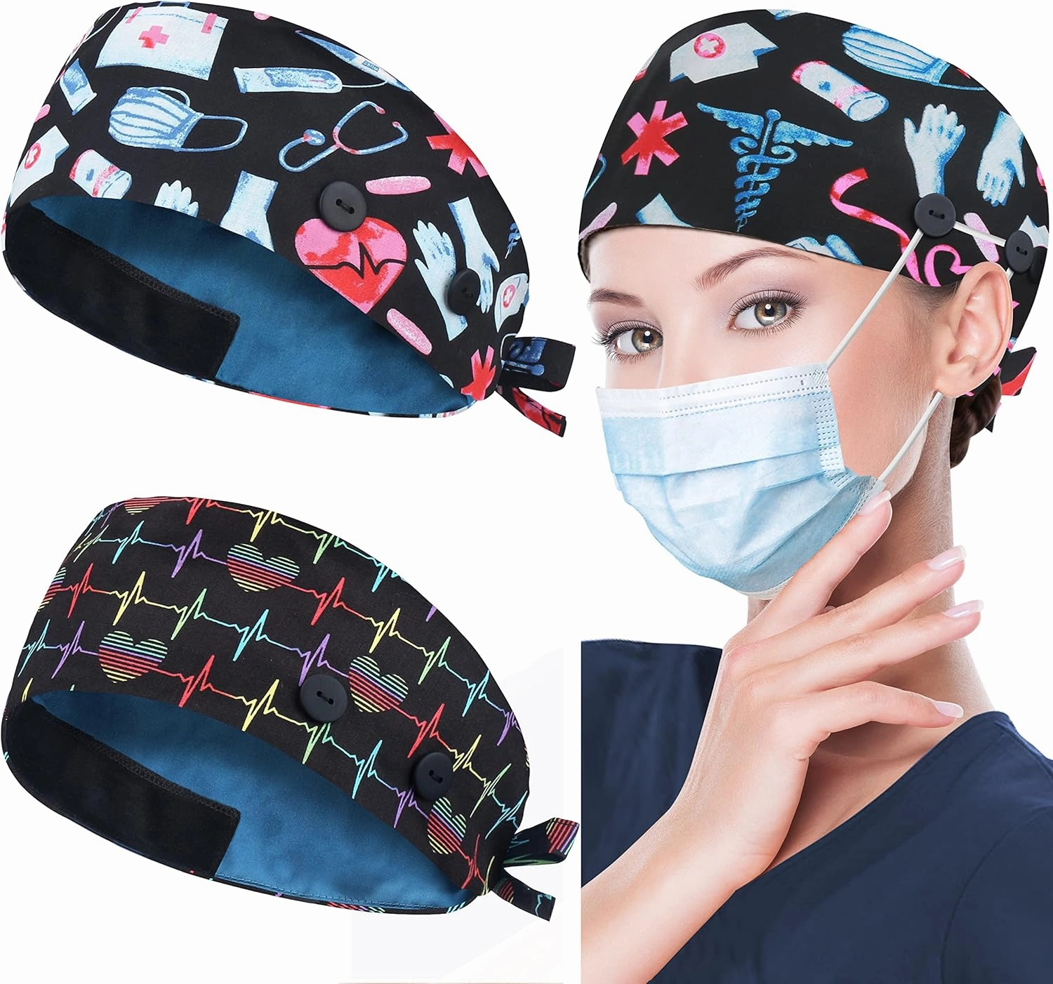 ABAMERICA Working Caps with Button and Sweatband, Adjustable Working Hats for Women Men, One Size(Tie Back or Toggle)