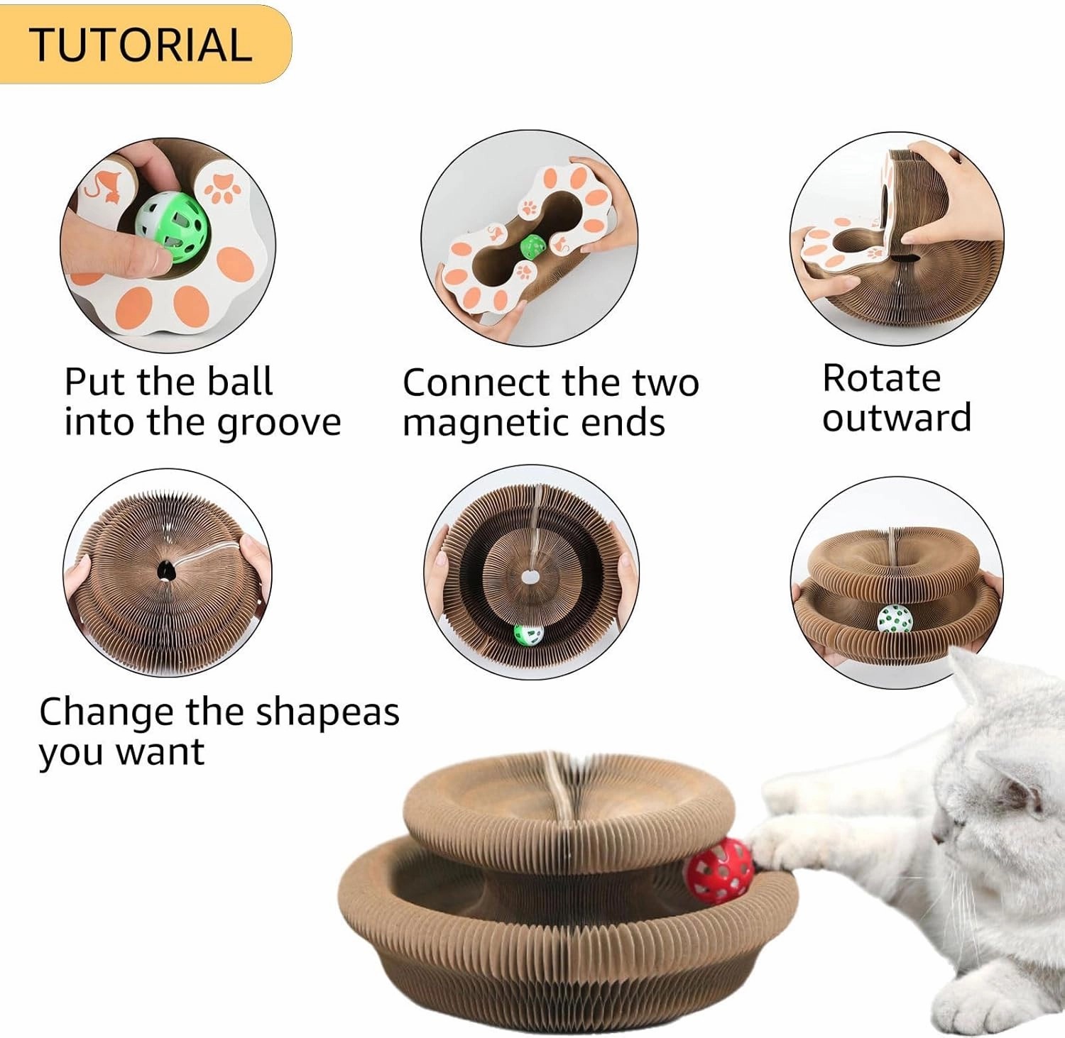 Accordion Cat Toy - Interactive, Durable & Magnetic Cat Scratcher with Bell Ball