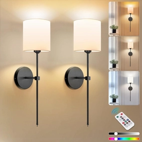 Adetu Wall Lights Battery Operated Wall Sconces Set of 2, 5CCT Black Rechargeable Wall Lamp with Remote & Bulbs, 10 RGB Dimmable Colors Wireless Wall Sconces for Bedroom Living Room Decor