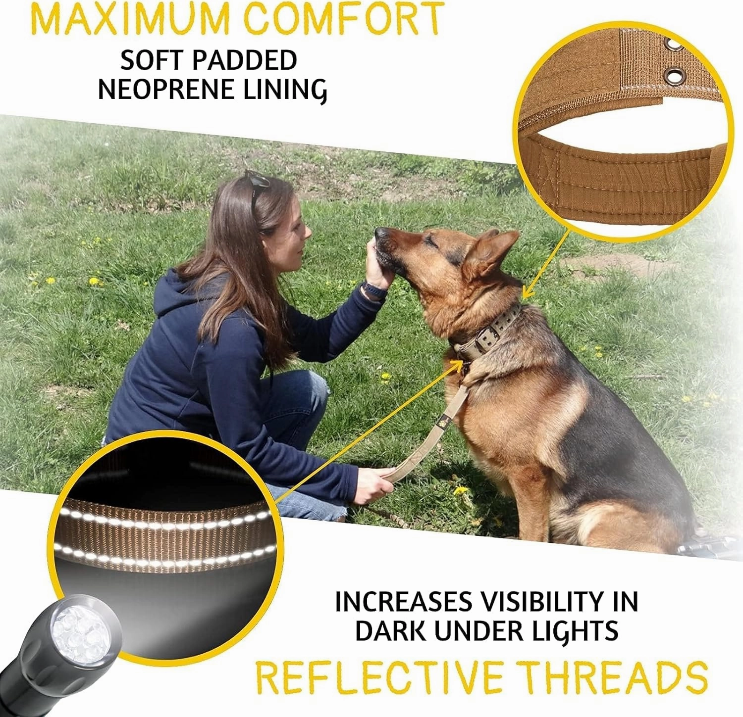 ADITYNA Heavy Duty Dog Collar for Large Dogs - Reflective Collar with Handle for Training, and Walking - Wide, Thick, Tactical, Soft Neoprene Padded