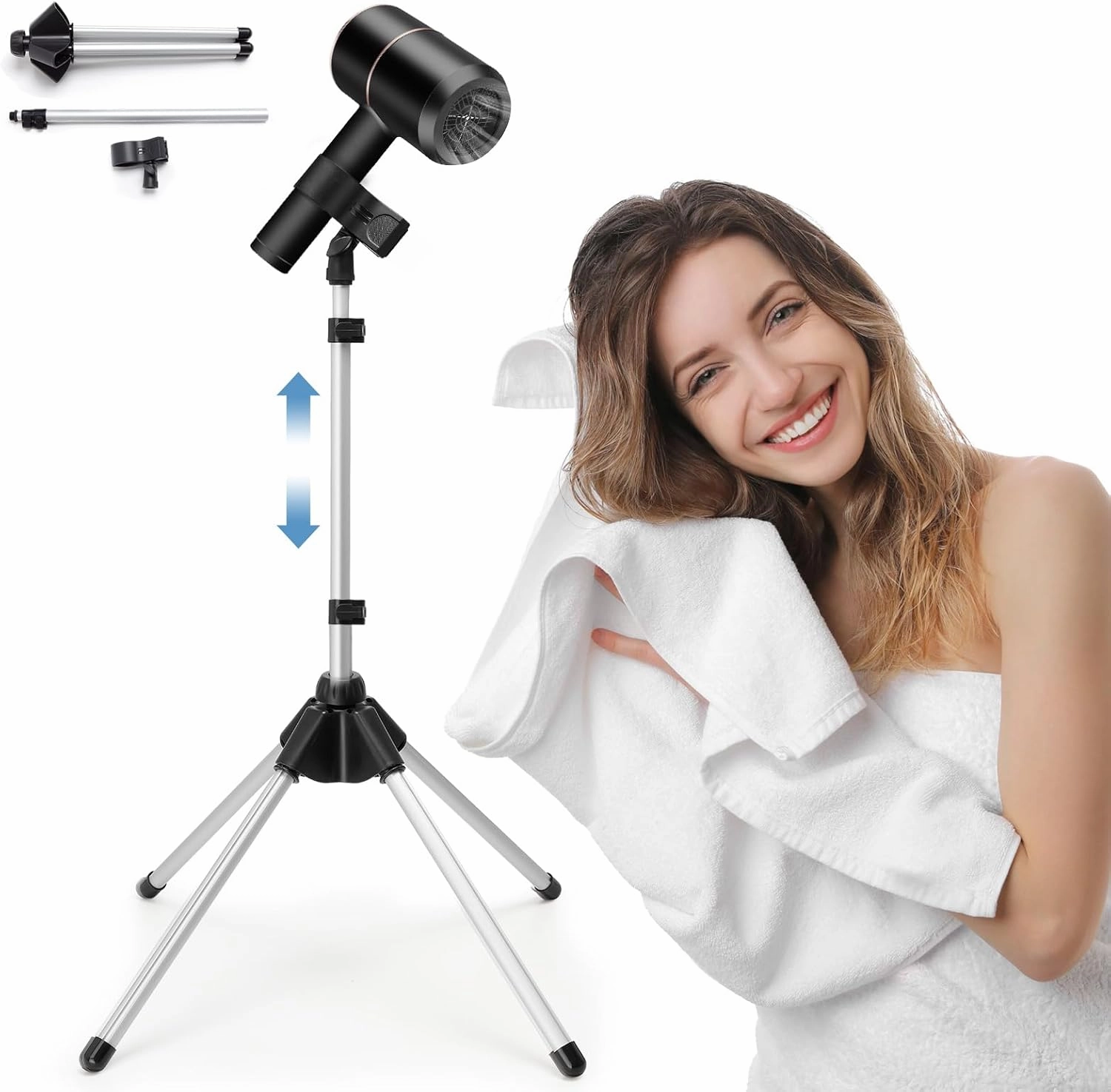 Adjustable Hair Dryer Stand, 29-59 Inch Hair Dryer Holder with Tripod and Universal Clip, 360-Degree Rotating Blow Dryer Stand for Bathroom, Vanity, Makeup Room