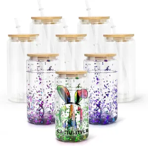 AGH 16OZ Snow Globe Glass Tumbler,8 Pack Sublimation Glass with Bamboo Lids and Straws, Double Wall Sublimation Beer Can Glasses Can Shaped Tumblers with Pre Drilled Hole for DIY