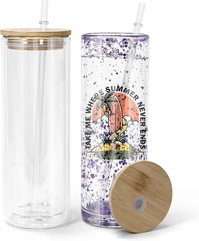 AGH 25OZ Snow Globe Glass Tumbler,2 Pack Sublimation Glass with Bamboo Lids and Straws, Double Wall Sublimation Beer Can Glasses Can Shaped Tumblers with Pre Drilled Hole for DIY