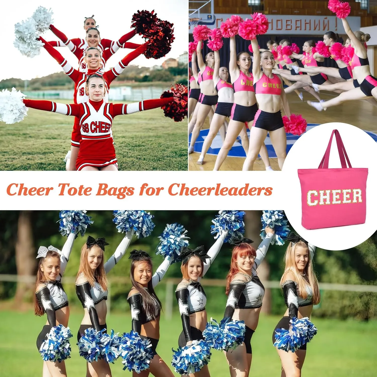 Aileam Cheer Tote Bag for Cheerleaders Cheer Bag Reusable Shopping Bag with Zipper Pocket Perfect Cheer Stuff Gift for Girls Coaches