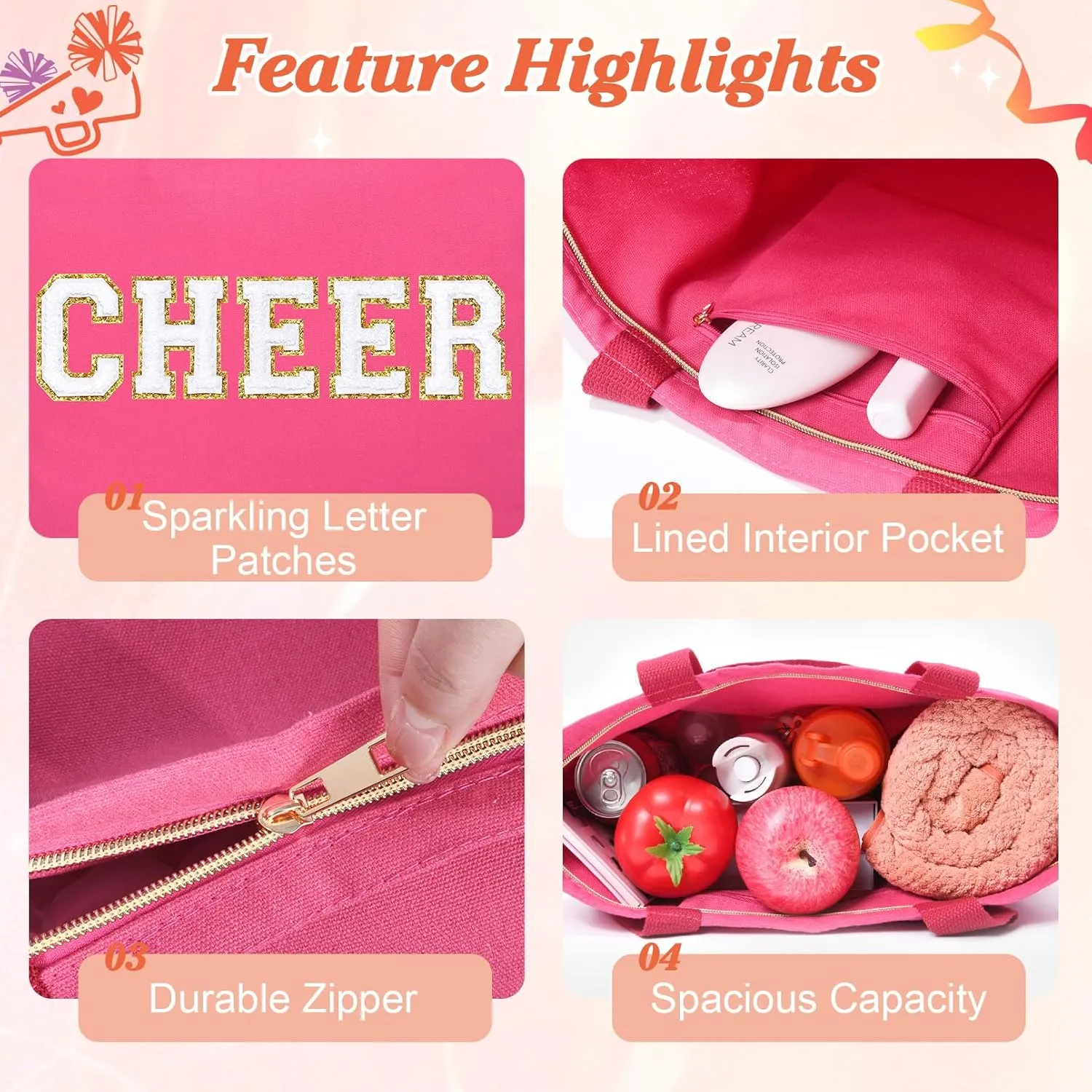 Aileam Cheer Tote Bag for Cheerleaders Cheer Bag Reusable Shopping Bag with Zipper Pocket Perfect Cheer Stuff Gift for Girls Coaches
