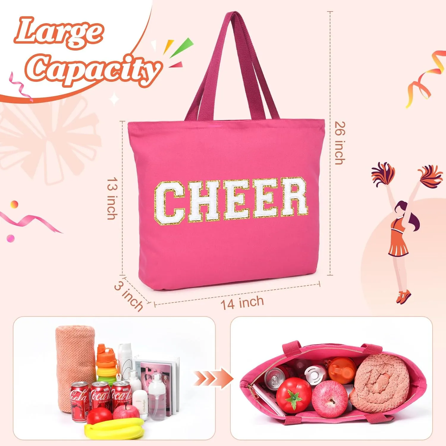 Aileam Cheer Tote Bag for Cheerleaders Cheer Bag Reusable Shopping Bag with Zipper Pocket Perfect Cheer Stuff Gift for Girls Coaches