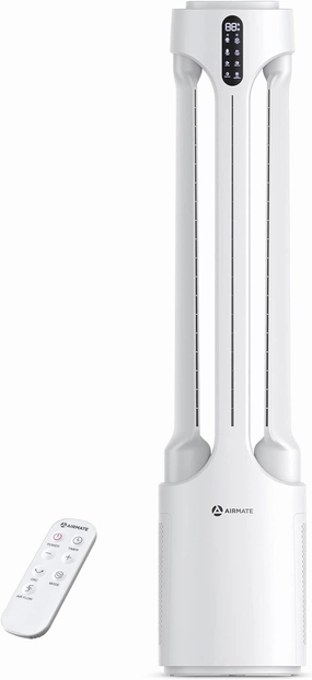 AIRMATE 45" Bladeless Tower Fan with Air Purifier, Remote Control, 15H Timer, Automatic Oscillating, Low Noise 24 Speeds Standing fan for Bedroom, Home, Office (White)