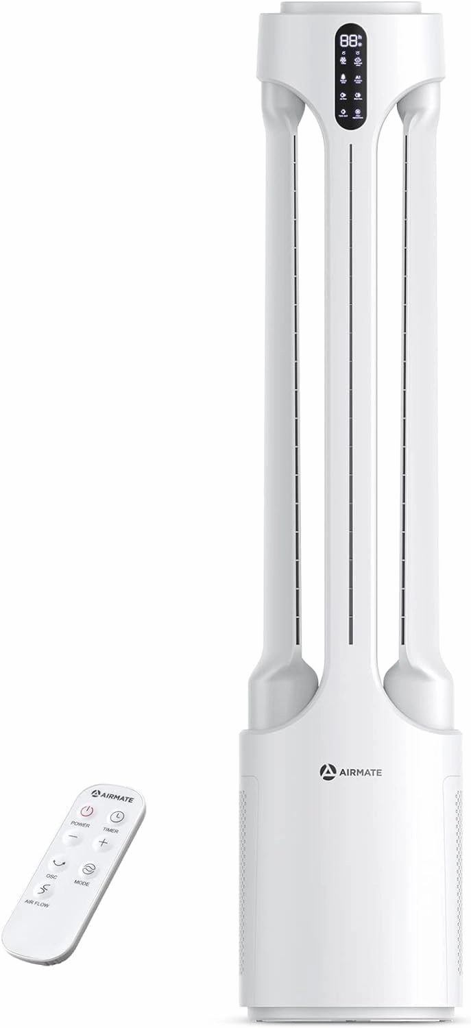 AIRMATE 45" Bladeless Tower Fan with Air Purifier, Remote Control, 15H Timer, Automatic Oscillating, Low Noise 24 Speeds Standing fan for Bedroom, Home, Office (White)