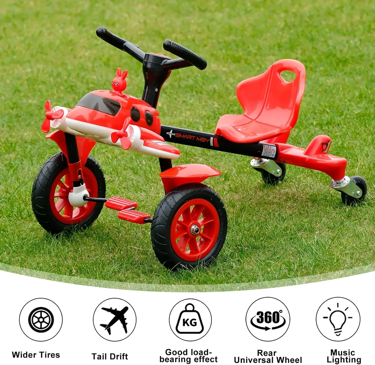 Airplane-Themed Ride-On Drift Car for Kids 3-8 Years | LED Flashing Wheels, Music & Drifting Action |Scooter Toy Gift for Boys Girls,Red