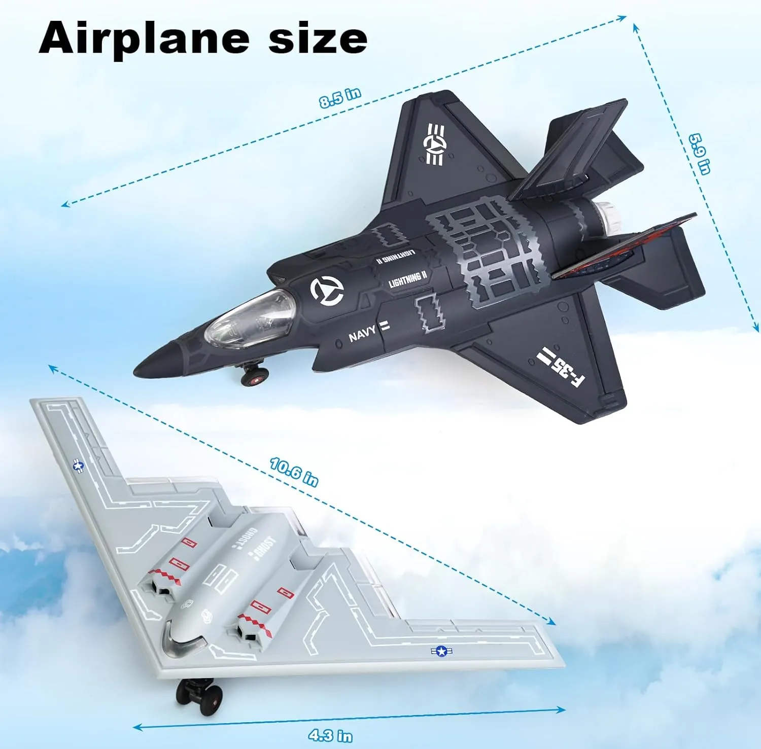 Airplane Toy Fighter Jet for Kids, Diecast Army Plane Model, Pull Back Military Jet with Light’s and Sounds (B2 & F35)