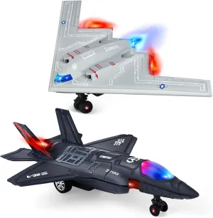 Airplane Toy Fighter Jet for Kids, Diecast Army Plane Model, Pull Back Military Jet with Light’s and Sounds (B2 & F35)