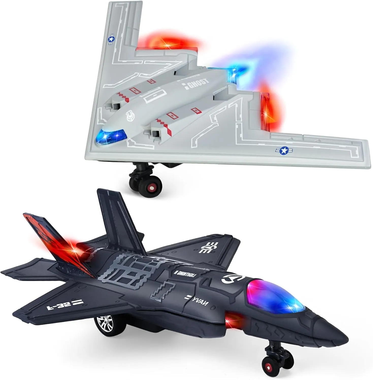 Airplane Toy Fighter Jet for Kids, Diecast Army Plane Model, Pull Back Military Jet with Light’s and Sounds (B2 & F35)