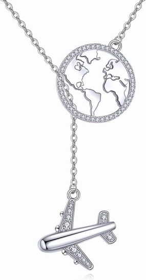Airplane Necklace 925 Sterling Silver Earth Airplane Pendant Y Necklace Travel Aviation Airplane Jewelry Gifts for Women Flight Attendant Stewardess Pilots Graduation