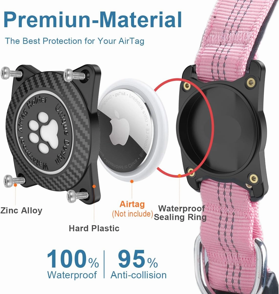 Airtag Dog Collar, Waterproof Air Tag Holder Dog Collar, Luminous & Reflective, Comfortable Padded, Adjustable Pet Collar for Small Medium Large Heavy Duty Dogs,Pink, M