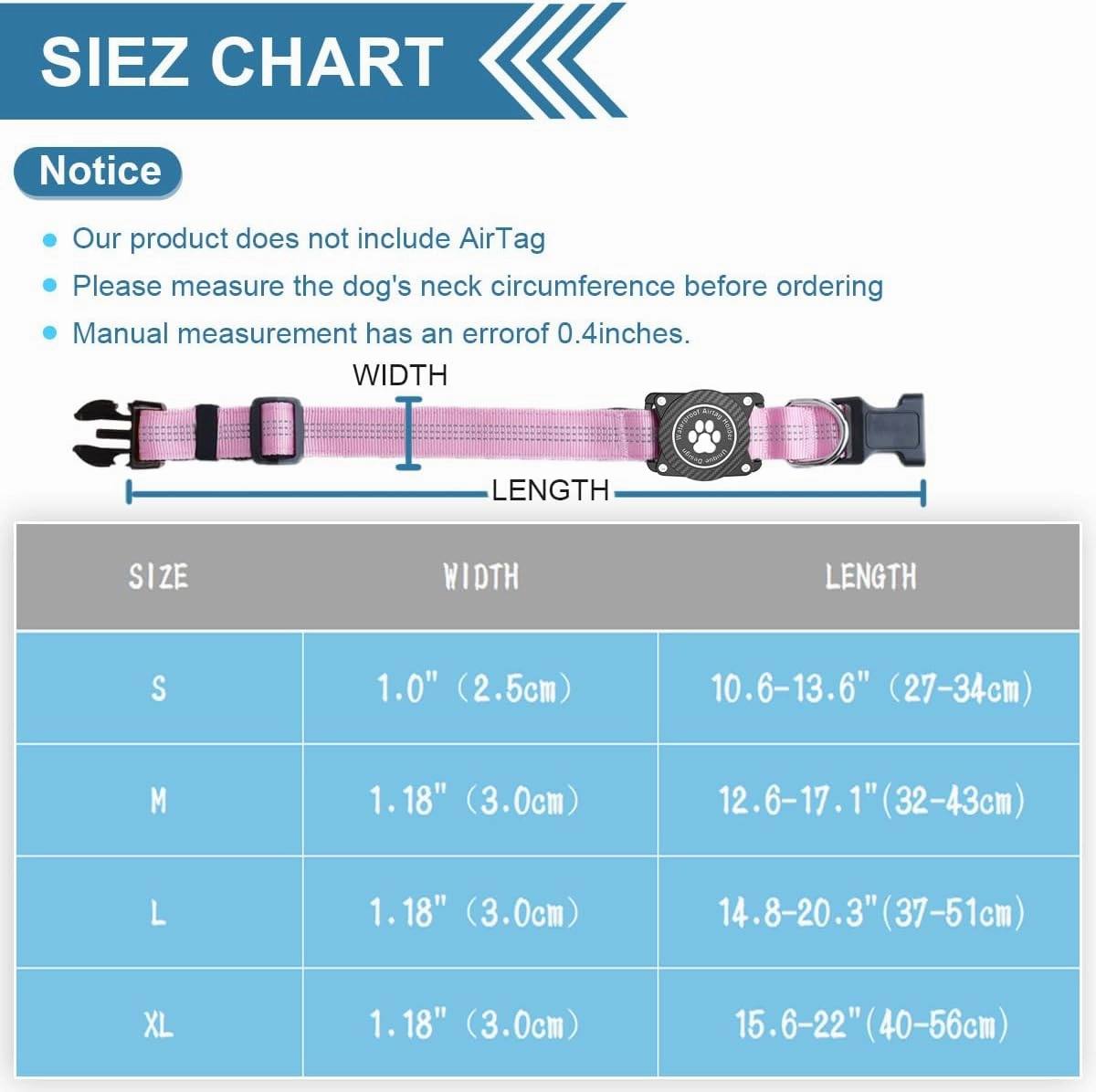 Airtag Dog Collar, Waterproof Air Tag Holder Dog Collar, Luminous & Reflective, Comfortable Padded, Adjustable Pet Collar for Small Medium Large Heavy Duty Dogs,Pink, M