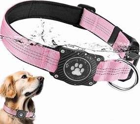 Airtag Dog Collar, Waterproof Air Tag Holder Dog Collar, Luminous & Reflective, Comfortable Padded, Adjustable Pet Collar for Small Medium Large Heavy Duty Dogs,Pink, M
