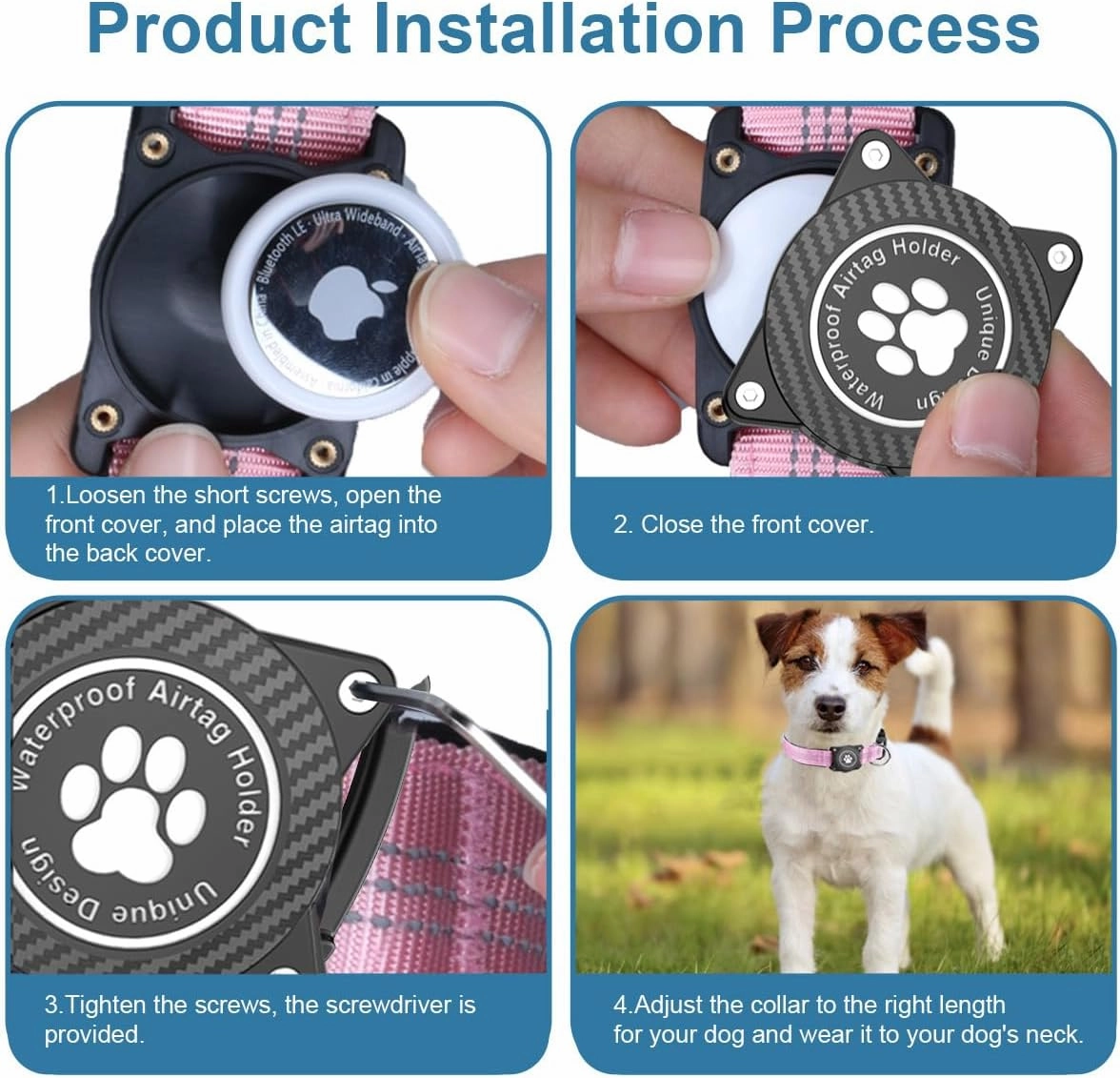 Airtag Dog Collar, Waterproof Air Tag Holder Dog Collar, Luminous & Reflective, Comfortable Padded, Adjustable Pet Collar for Small Medium Large Heavy Duty Dogs,Pink, M