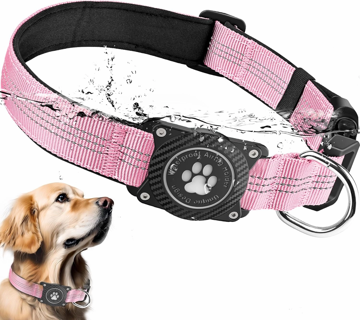 Airtag Dog Collar, Waterproof Air Tag Holder Dog Collar, Luminous & Reflective, Comfortable Padded, Adjustable Pet Collar for Small Medium Large Heavy Duty Dogs,Pink, M