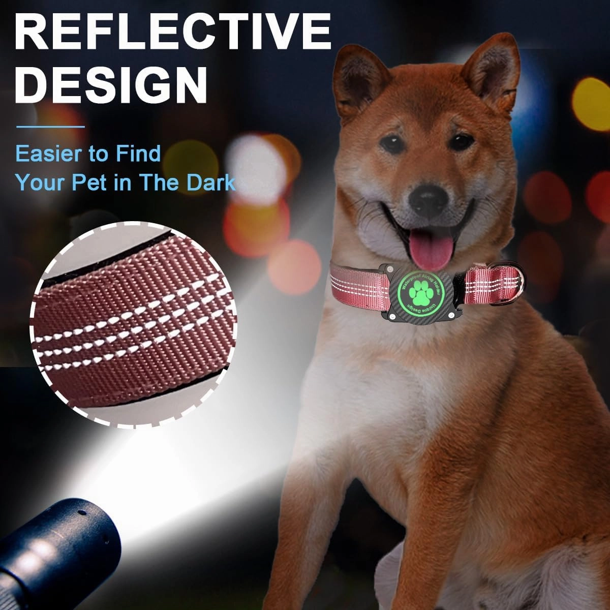 Airtag Dog Collar, Waterproof Air Tag Holder Dog Collar, Luminous & Reflective, Comfortable Padded, Adjustable Pet Collar for Small Medium Large Heavy Duty Dogs,Pink, M