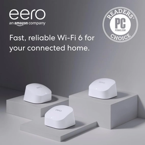 Amazon eero 6 mesh wifi system - Supports internet plans up to 500 Mbps, Coverage up to 4,500 sq. ft., Connect 75  devices, 3-pack (1 router   2 extenders)