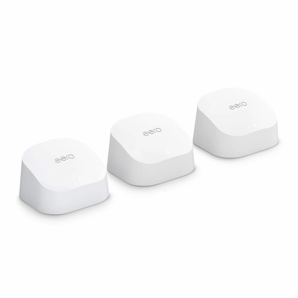 Amazon eero 6 mesh wifi system - Supports internet plans up to 500 Mbps, Coverage up to 4,500 sq. ft., Connect 75  devices, 3-pack (1 router   2 extenders)