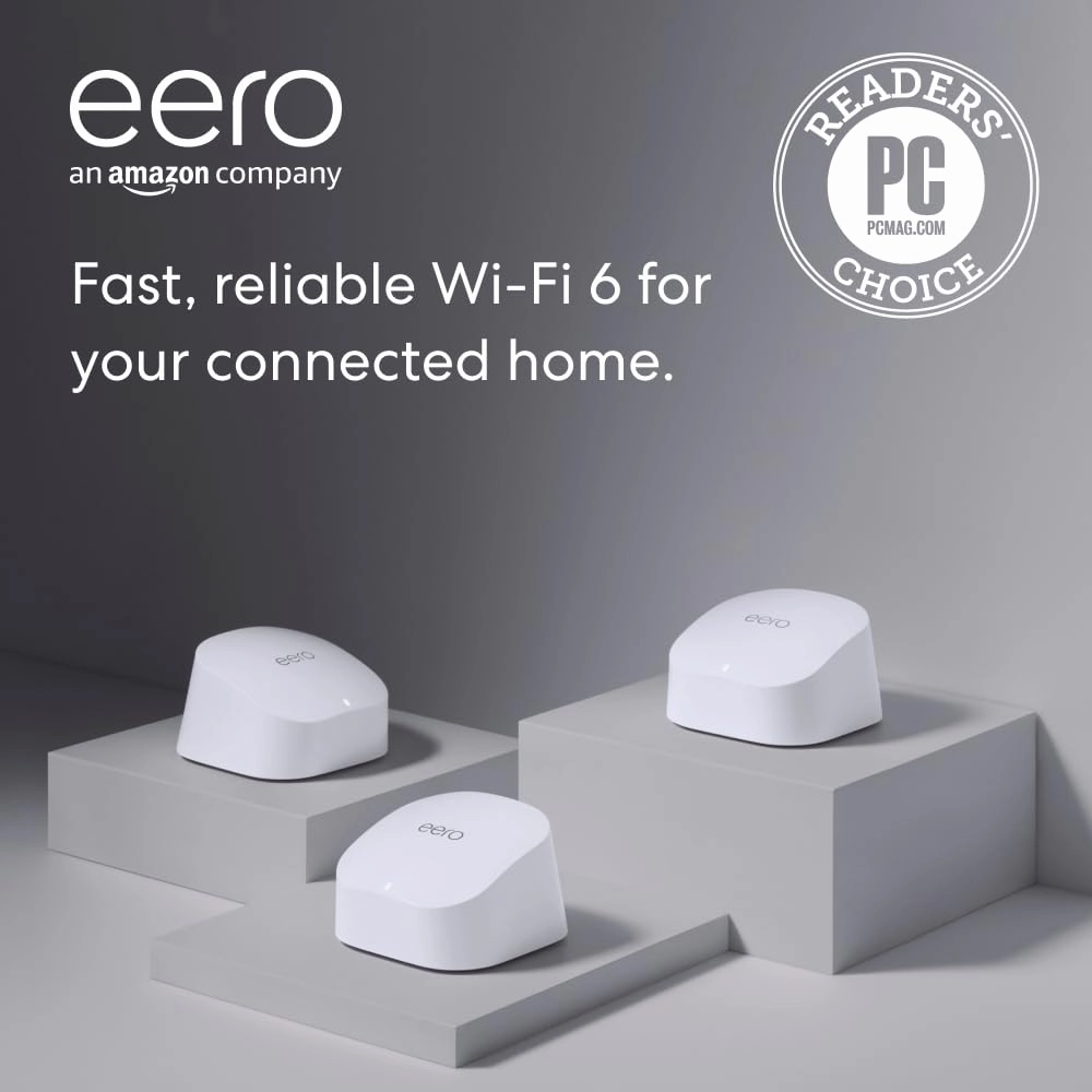 Amazon eero 6 mesh wifi system - Supports internet plans up to 500 Mbps, Coverage up to 4,500 sq. ft., Connect 75  devices, 3-pack (1 router   2 extenders)