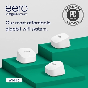 Amazon eero 6  mesh wifi system - Supports internet plans up to a Gigabit, Coverage up to 4,500 sq. ft., Connect 75  devices, 3-pack