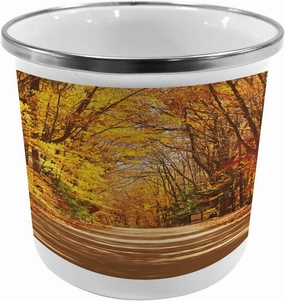 Ambesonne Fall Metal Camping Cup, Scenic View Outdoors Empty Roadway Surrounded with Deciduous Trees Image, Stainless Steel Mug for Indoor and Outdoor Activities, Redwood Yellow Orange