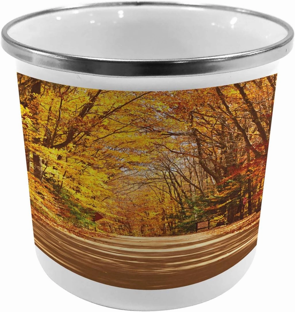 Ambesonne Fall Metal Camping Cup, Scenic View Outdoors Empty Roadway Surrounded with Deciduous Trees Image, Stainless Steel Mug for Indoor and Outdoor Activities, Redwood Yellow Orange