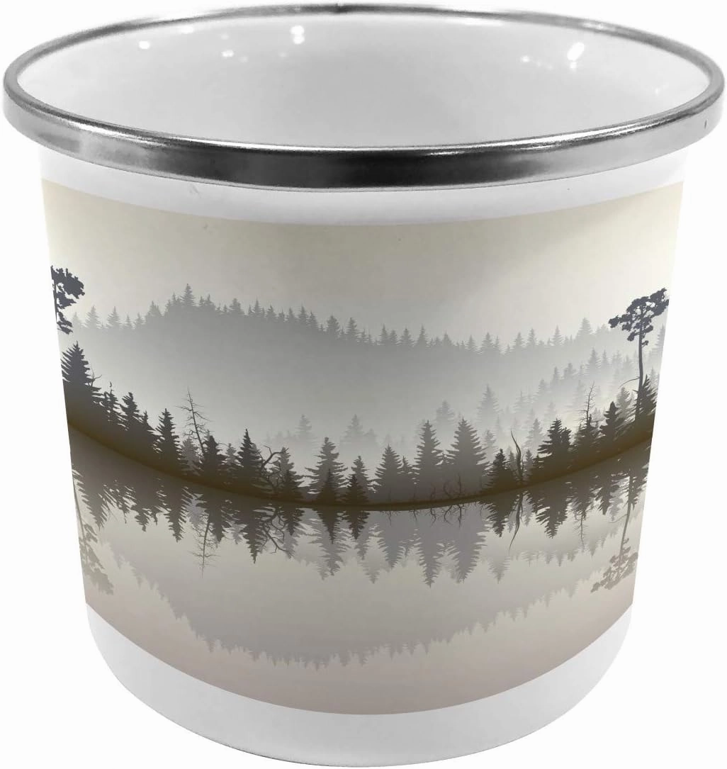 Ambesonne Forest Steel Camping Mug, Misty Northern Nature Jungle with Hills and River at Dusk Water Reflection, Printed Thermal Cup for Camping and Outdoor Activities, Cream Grey Brown