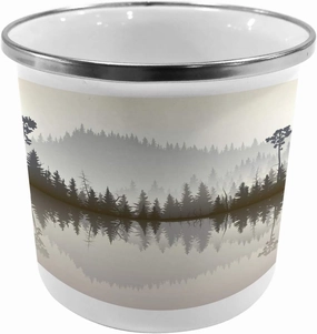 Ambesonne Forest Steel Camping Mug, Misty Northern Nature Jungle with Hills and River at Dusk Water Reflection, Printed Thermal Cup for Camping and Outdoor Activities, Cream Grey Brown