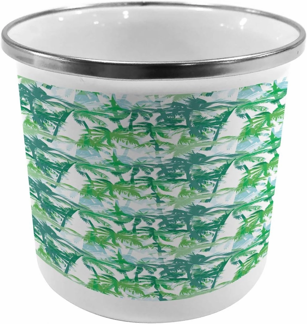 Ambesonne Palm Leaf Metal Camping Cup, Exotic Fantasy Abstract Coconut Tree Silhouettes Green Jungle, Stainless Steel Mug for Indoor and Outdoor Activities, Forest Green Lime Green