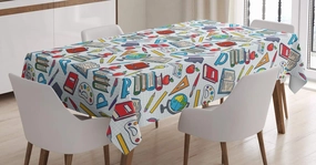 Ambesonne Science Tablecloth, Elementary Theme Student Supplies Globe Paints and Brushes Books, Rectangular Table Cover for Dining Room Kitchen Decor, 52" X 70", Blue Red
