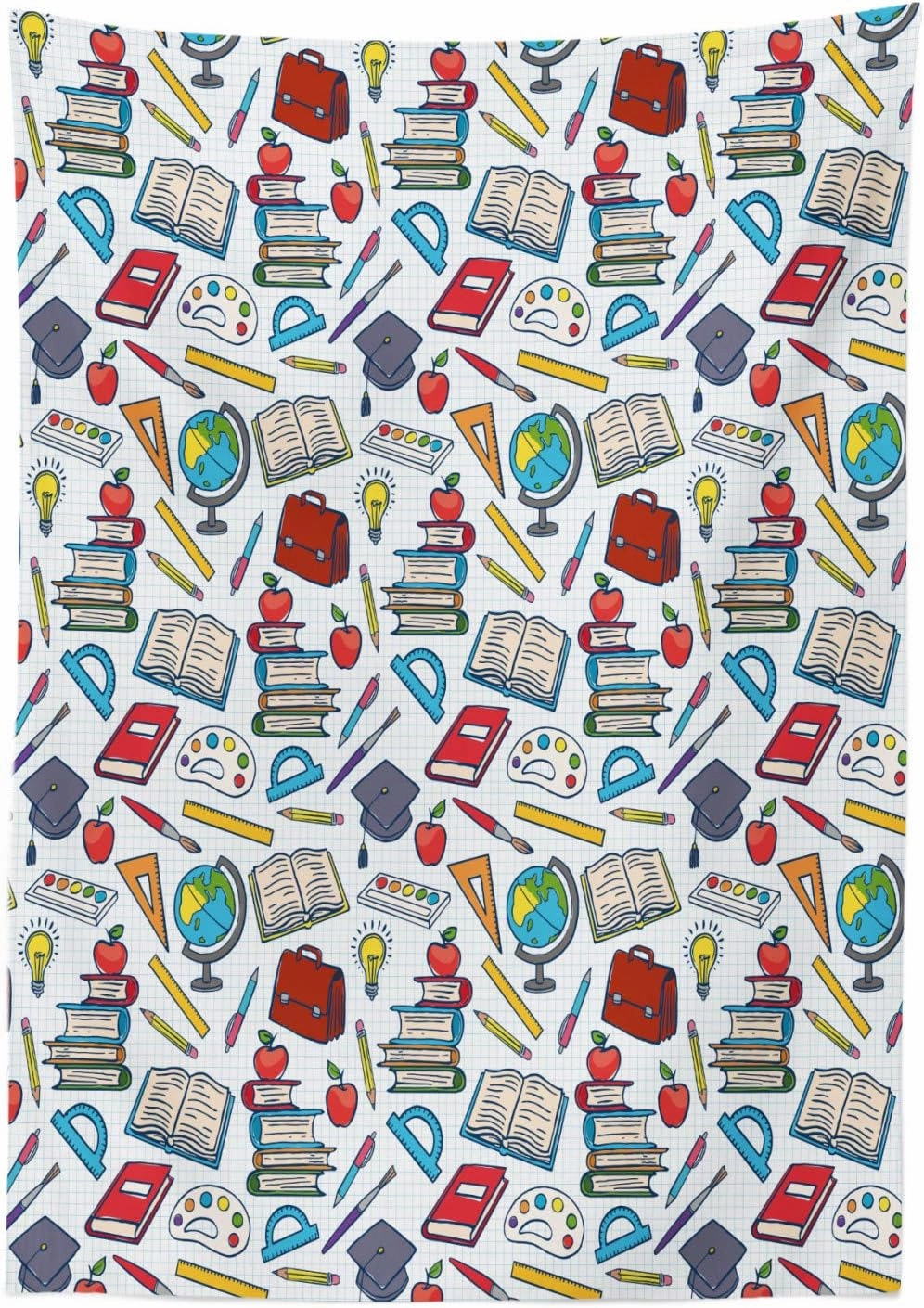 Ambesonne Science Tablecloth, Elementary Theme Student Supplies Globe Paints and Brushes Books, Rectangular Table Cover for Dining Room Kitchen Decor, 52" X 70", Blue Red
