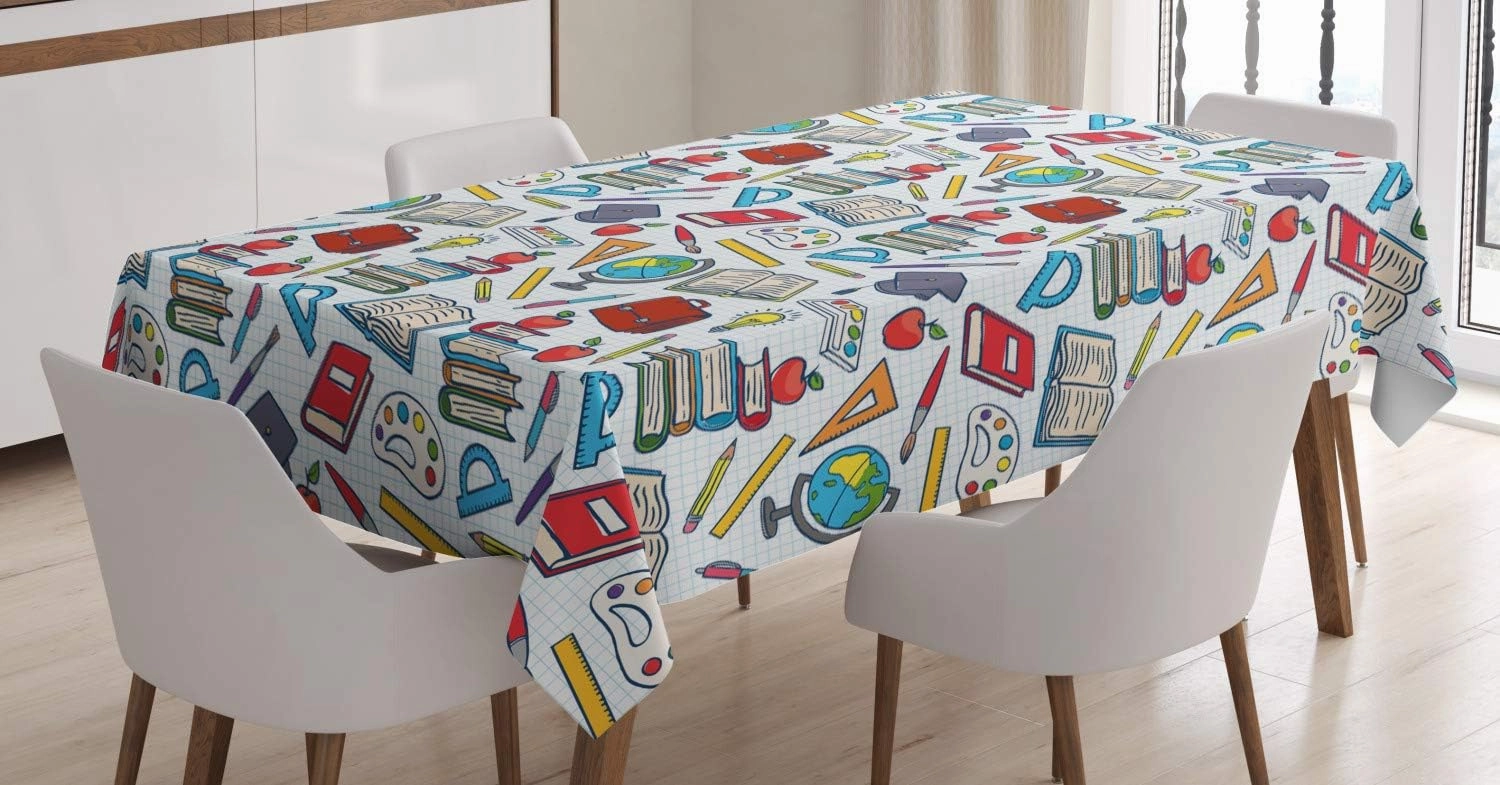 Ambesonne Science Tablecloth, Elementary Theme Student Supplies Globe Paints and Brushes Books, Rectangular Table Cover for Dining Room Kitchen Decor, 52" X 70", Blue Red