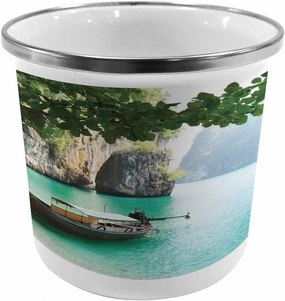 Ambesonne Tropical Steel Camping Mug, World Seascape Seashore Abandoned Boat and Leaves in Jungle Rainforest Cool Exotic, Printed Thermal Cup for Camping and Outdoor Activities, Multicolor
