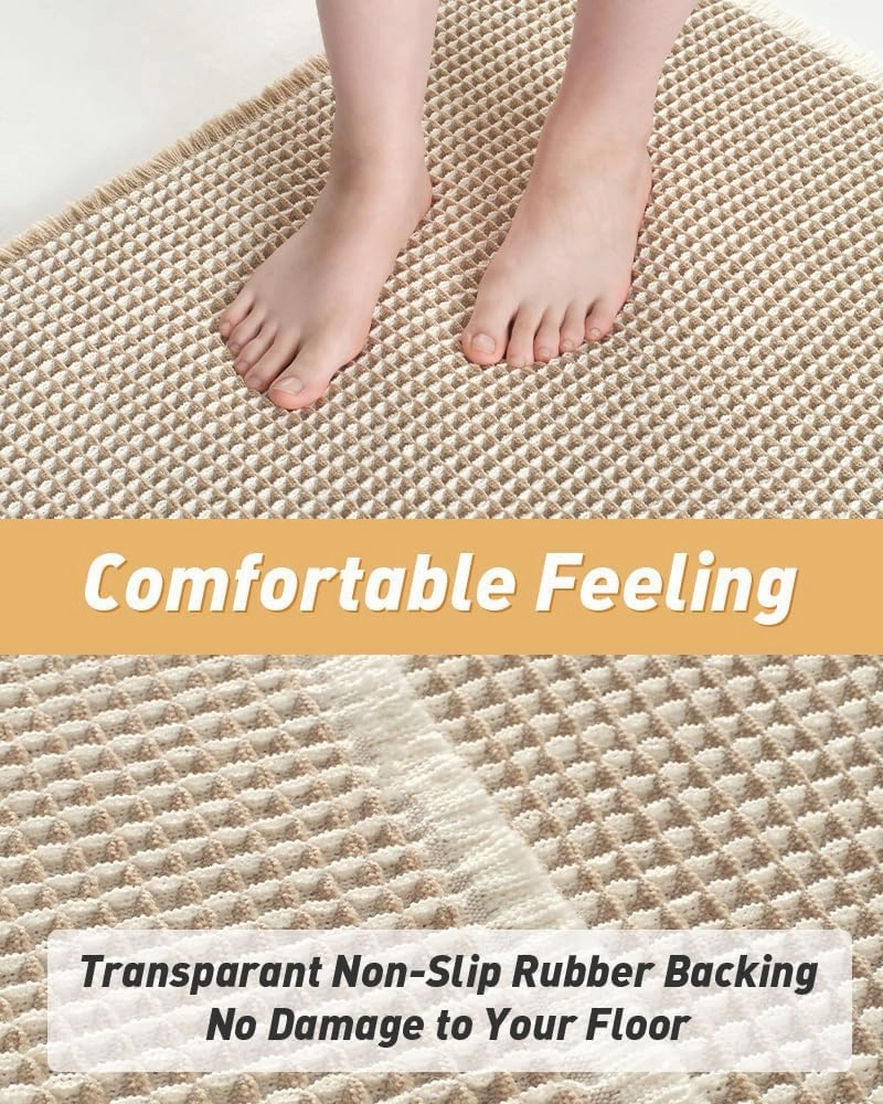 AMOAMI Upgraded Waffle Runner Rug Super Absorbent Non Slip Bath Mats for Bathroom Machine Washable Bathroom Runner Rug with Tassels, Ideal for Hallway Bedroom Laundry Room, 2' x 6', Brown & Cream