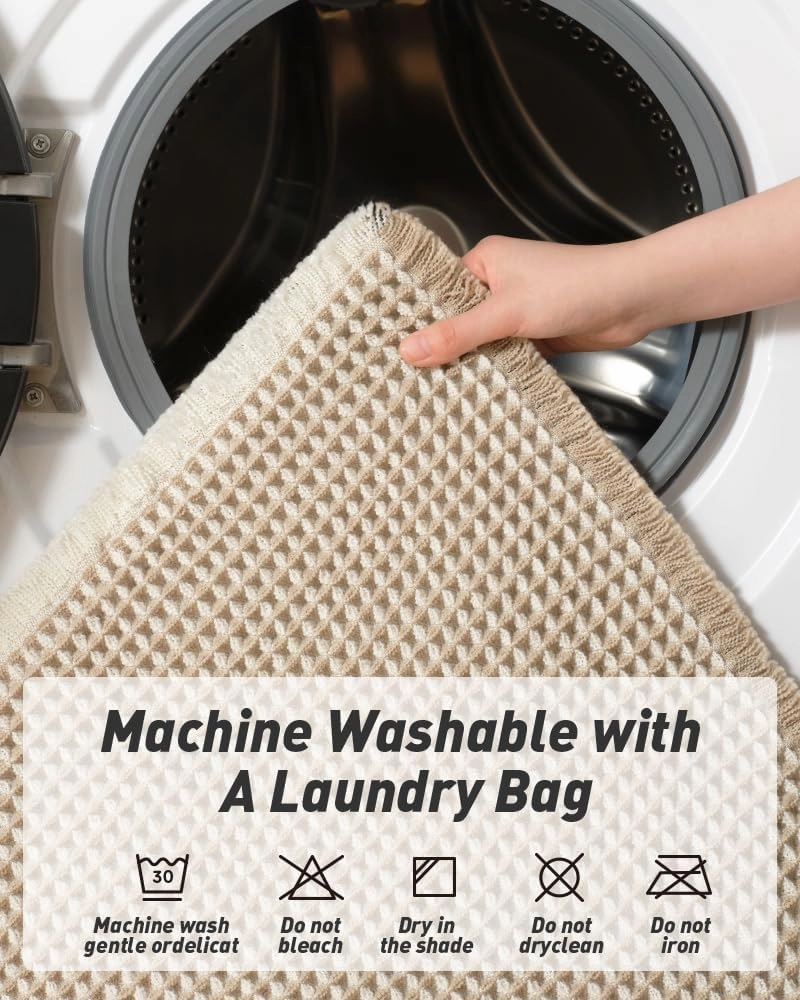 AMOAMI Upgraded Waffle Runner Rug Super Absorbent Non Slip Bath Mats for Bathroom Machine Washable Bathroom Runner Rug with Tassels, Ideal for Hallway Bedroom Laundry Room, 2' x 6', Brown & Cream