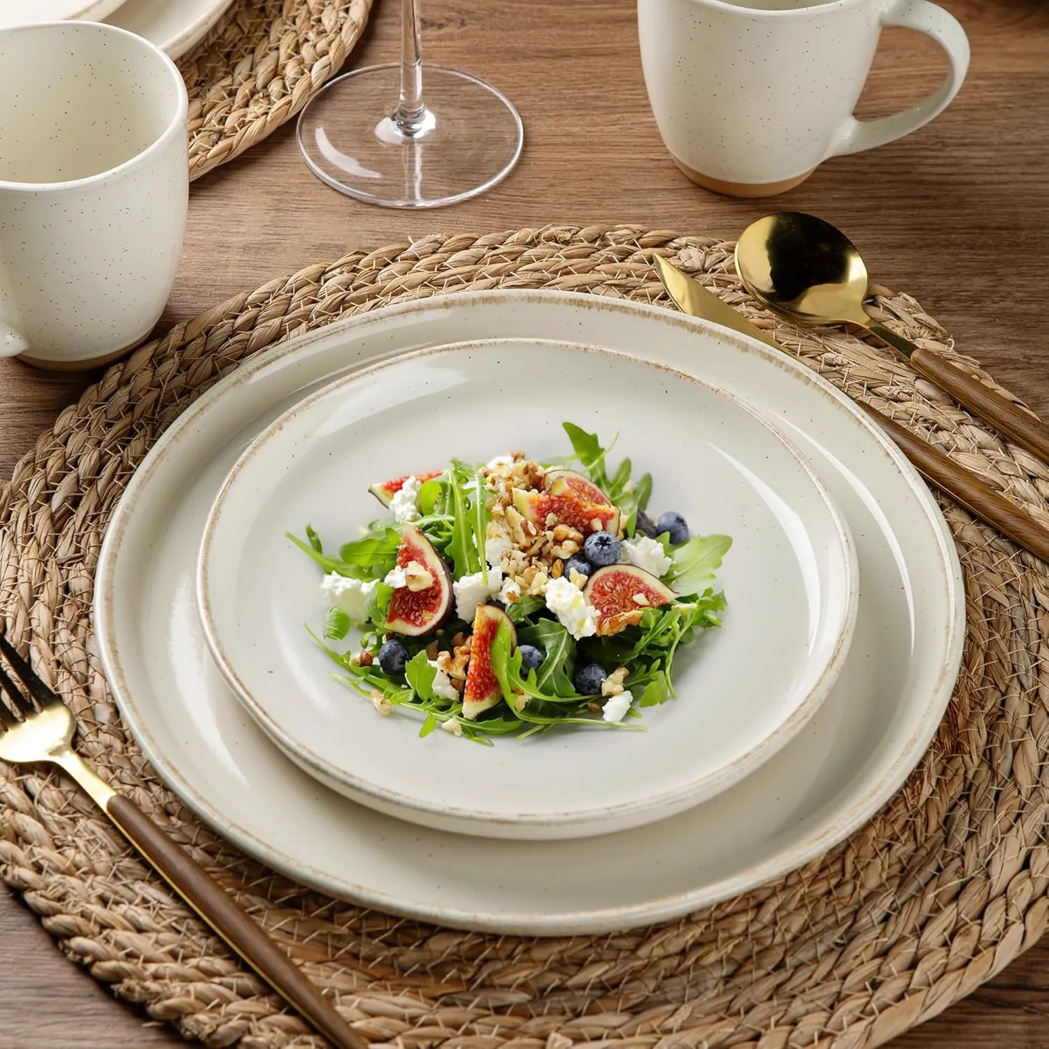 AmorArc Ceramic Dinnerware Sets for 4, 12 Pieces Handpainted Plates and Bowls Set with Rustic Terracotta Underside, Scratch Resistant Stoneware Dishes Set, Dishwasher & Microwave Safe, Beige