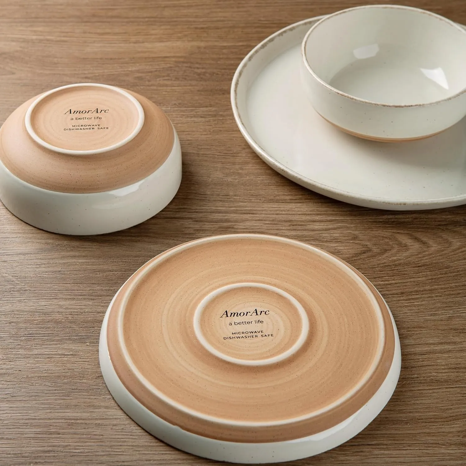 AmorArc Ceramic Dinnerware Sets for 4, 12 Pieces Handpainted Plates and Bowls Set with Rustic Terracotta Underside, Scratch Resistant Stoneware Dishes Set, Dishwasher & Microwave Safe, Beige