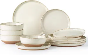 AmorArc Ceramic Dinnerware Sets for 4, 12 Pieces Handpainted Plates and Bowls Set with Rustic Terracotta Underside, Scratch Resistant Stoneware Dishes Set, Dishwasher & Microwave Safe, Beige