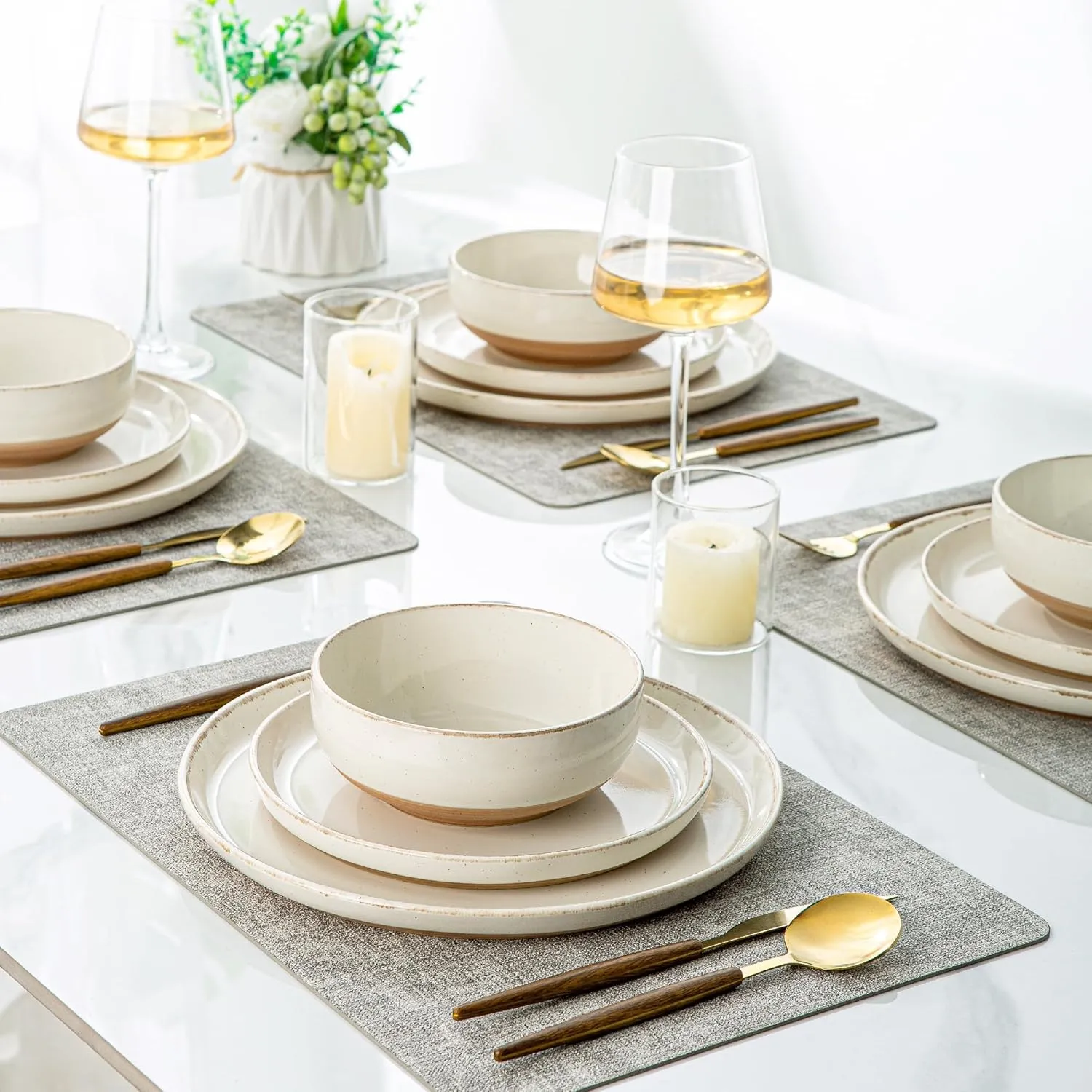 AmorArc Ceramic Dinnerware Sets for 4, 12 Pieces Handpainted Plates and Bowls Set with Rustic Terracotta Underside, Scratch Resistant Stoneware Dishes Set, Dishwasher & Microwave Safe, Beige