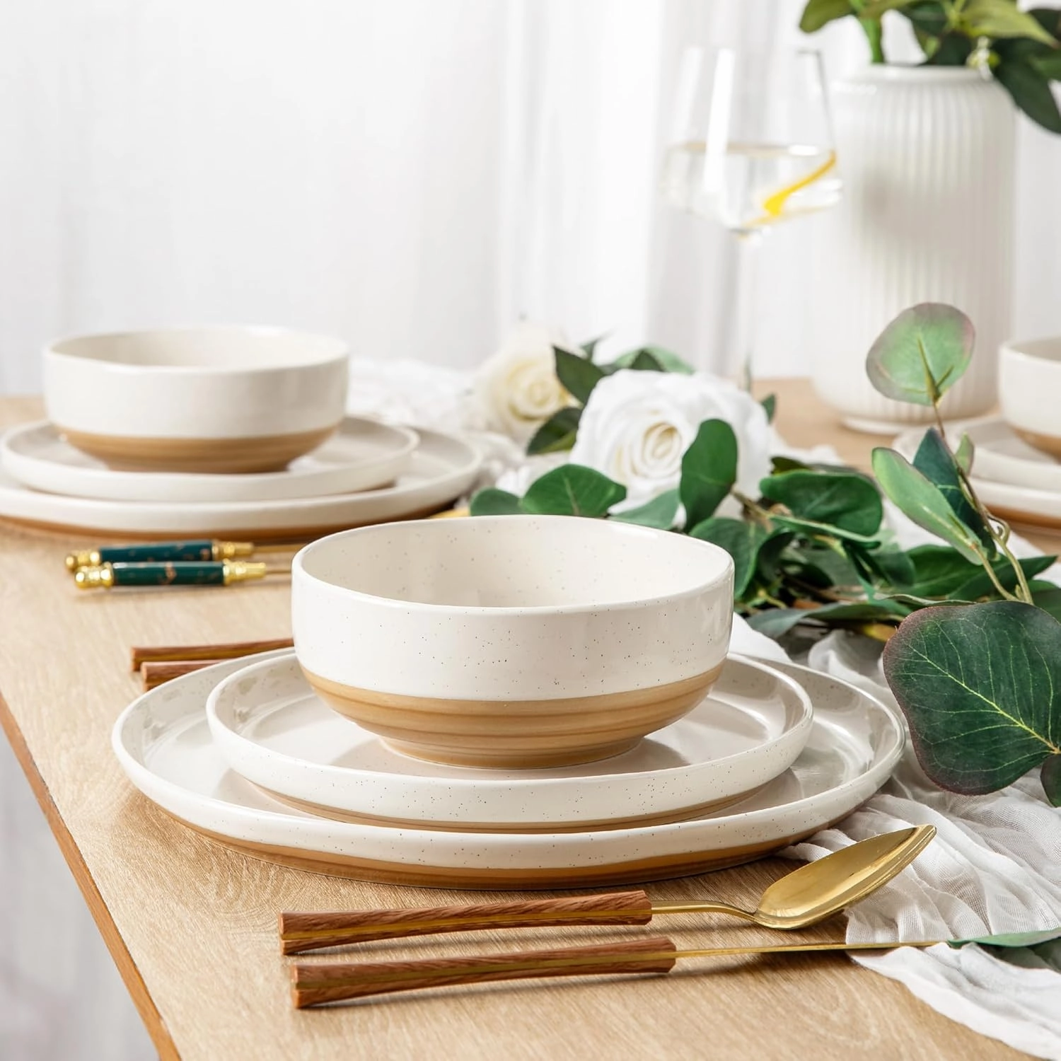AmorArc Ceramic Dinnerware Sets for 4, 12 Pieces Handpainted Plates and Bowls Set with Rustic Terracotta Underside, Scratch Resistant Stoneware Dishes Set, Dishwasher & Microwave Safe