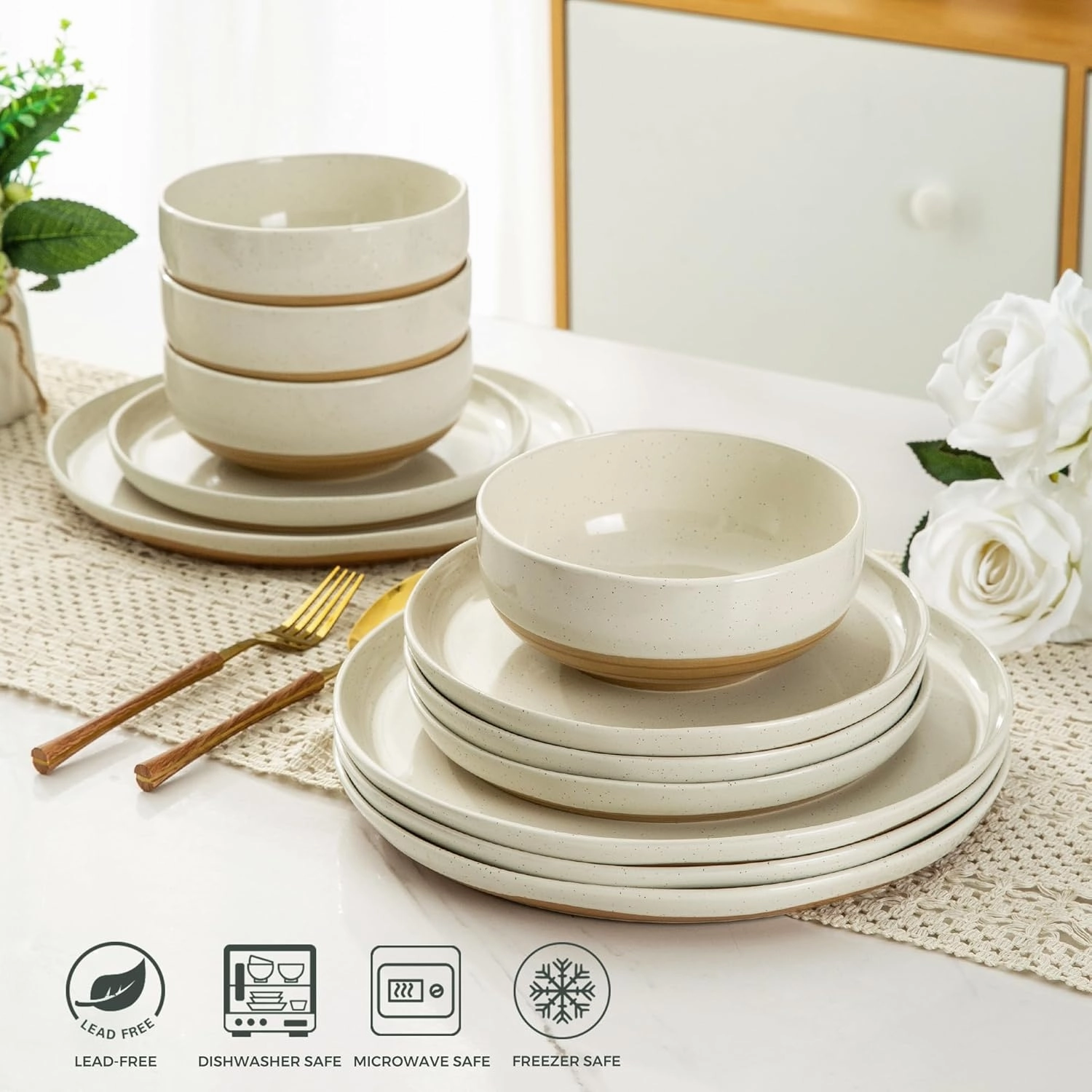AmorArc Ceramic Dinnerware Sets for 4, 12 Pieces Handpainted Plates and Bowls Set with Rustic Terracotta Underside, Scratch Resistant Stoneware Dishes Set, Dishwasher & Microwave Safe