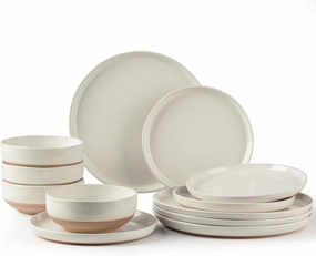 AmorArc Ceramic Dinnerware Sets for 4, 12 Pieces Handpainted Plates and Bowls Set with Rustic Terracotta Underside, Scratch Resistant Stoneware Dishes Set, Dishwasher & Microwave Safe
