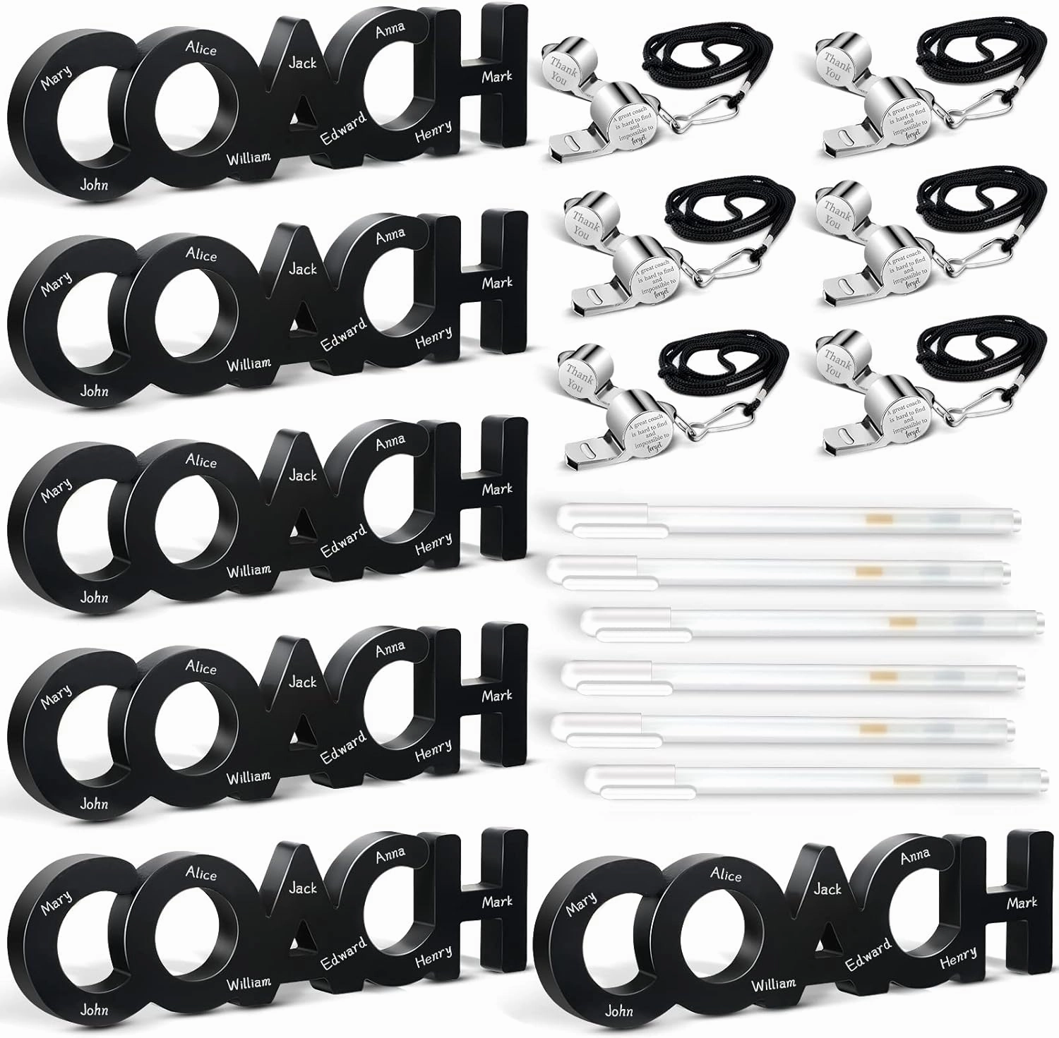 Amyhill 18 Pcs Coach Gifts for Men Football Baseball Coach Wooden Sign White Marker Pen Stainless Steel Thank You Whistle with Lanyard for Men Women Soccer Volleyball Sports Gifts