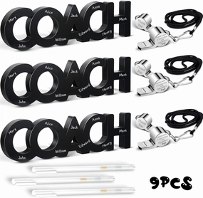 Amyhill 9 Pcs Coach Gifts Football Coach Gifts Soccer Coach Wood Sign Thank You Coach Whistle Stainless Steel Whistle with Rope White Marker Pen Coach Gifts for Men Women Football Volleyball Sports