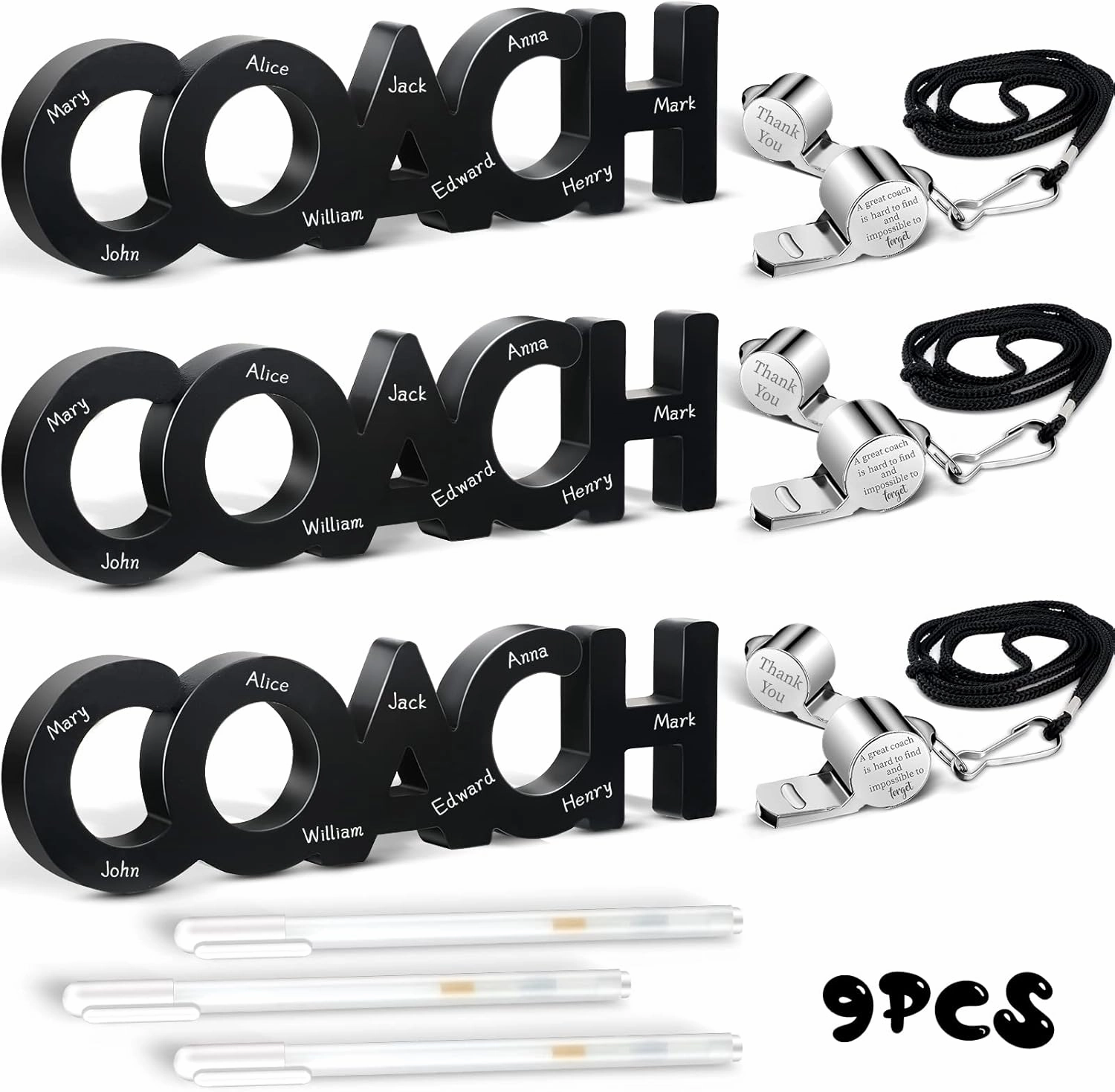 Amyhill 9 Pcs Coach Gifts Football Coach Gifts Soccer Coach Wood Sign Thank You Coach Whistle Stainless Steel Whistle with Rope White Marker Pen Coach Gifts for Men Women Football Volleyball Sports
