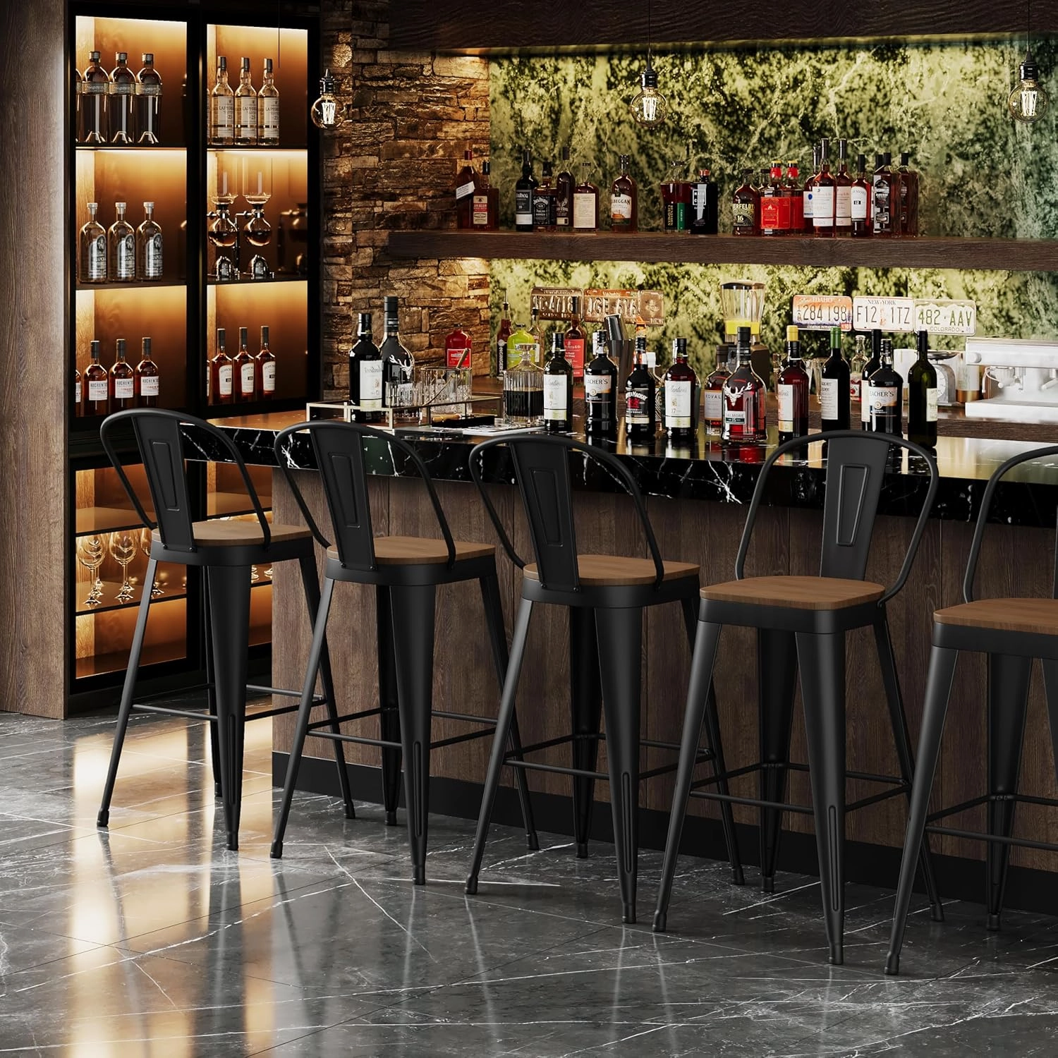 Andeworld Metal Bar Stools Set of 4, 24 inch Counter Height Barstools with Backs Farmhouse Modern High Back Bar Stools with Larger Seat Kitchen Dining Bar Chairs,Matte Black